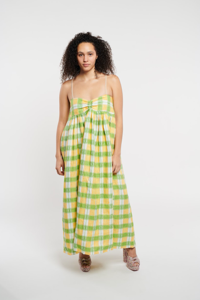 Roxy Long with Silk Chord Straps Plaid Floral Linen