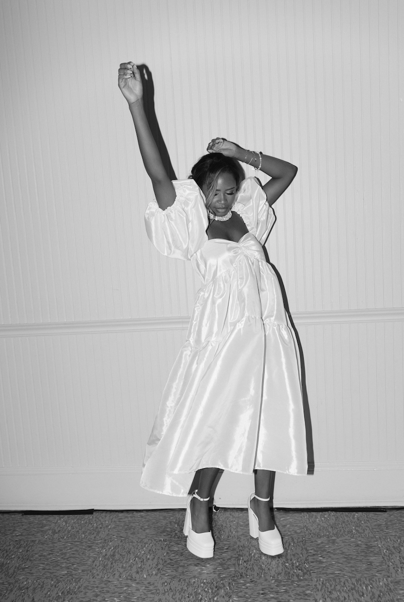East Village Dress with Makenna Sleeves in White Taffeta