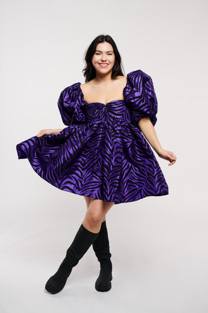 Roxy Dress Zebra Flocked Purple Taffeta