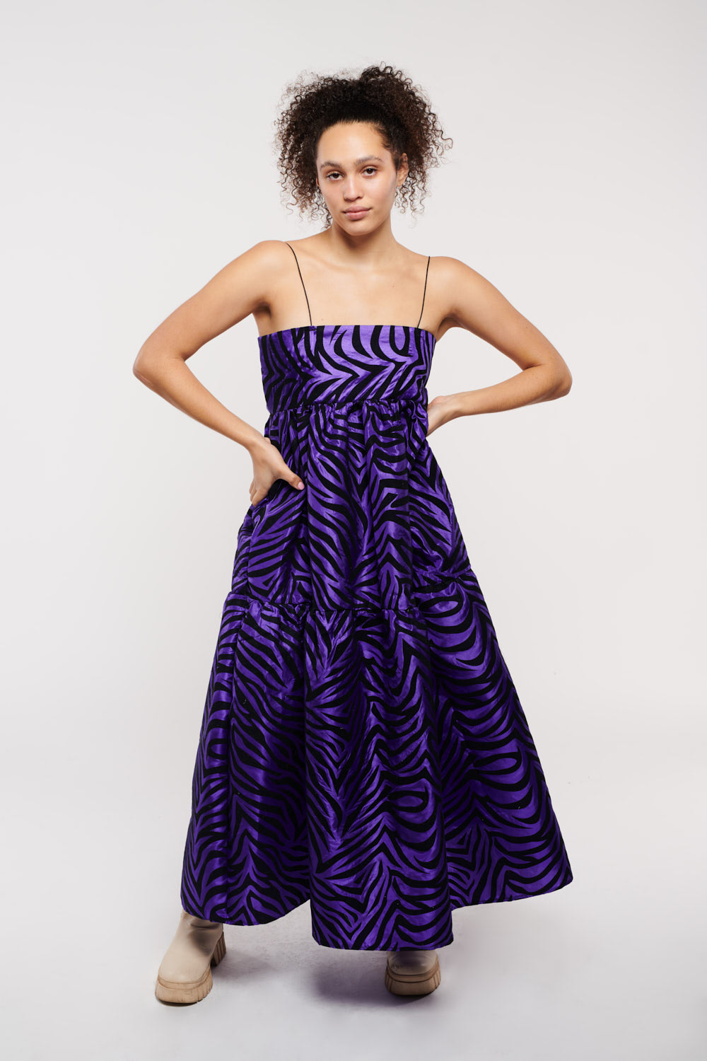 East Village Dress Zebra Flocked Purple Taffeta